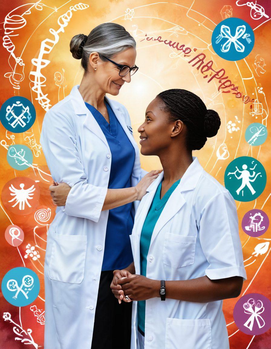 A compassionate healthcare professional guiding a cancer patient through a metaphorical path lined with symbols of advocacy, research, and community support. Include imagery of supportive family members and scientific elements like DNA strands and research papers. The atmosphere should radiate hope and empowerment, with warm colors and soothing tones. super-realistic. vibrant colors. soft focus.