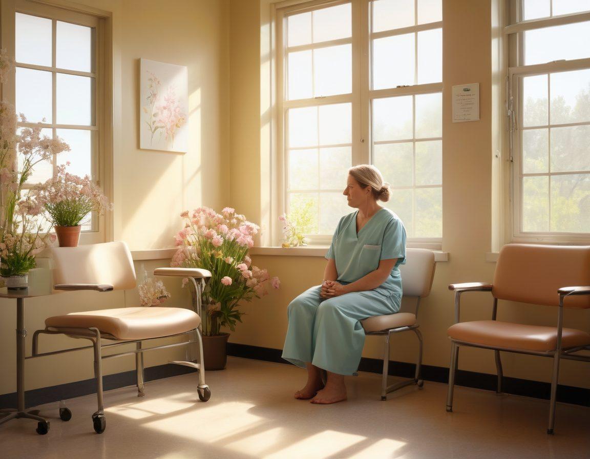 A serene hospital environment where a compassionate therapist discusses treatment plans with a resilient survivor, surrounded by healing imagery such as blooming flowers and soft sunlight filtering through the window. The emotions of hope and empowerment radiate from their expressions, illustrating the journey from research to recovery. soft, pastel colors. super-realistic. warm lighting.