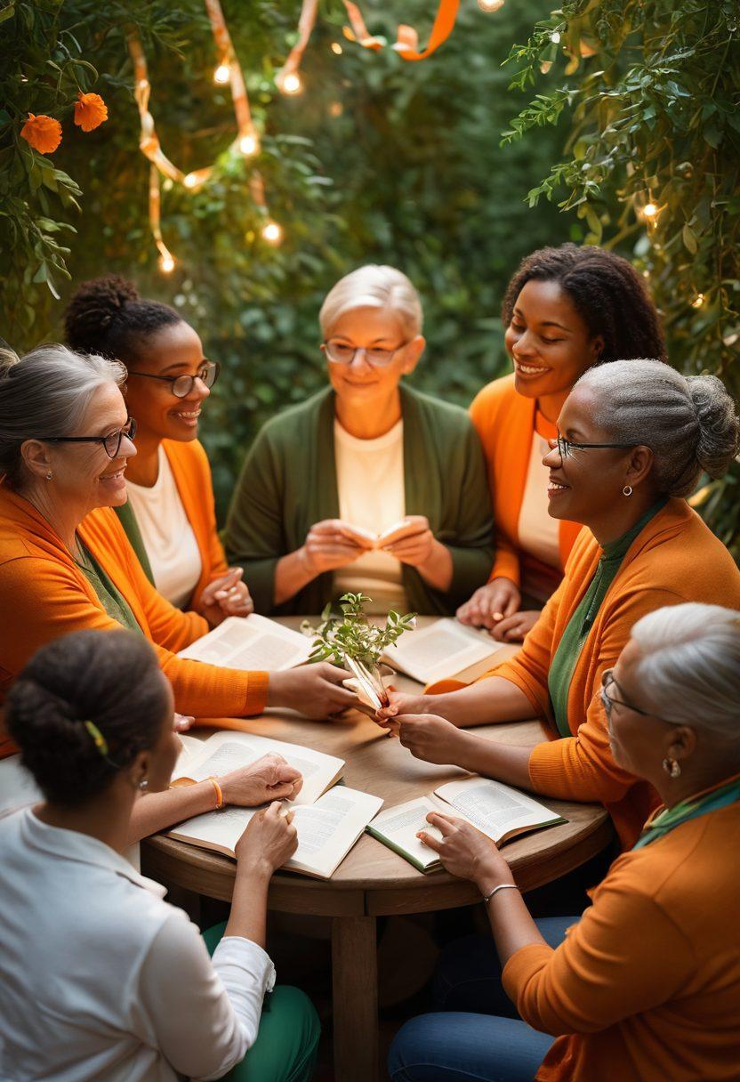 A diverse group of people gathered in a warm, inviting space, surrounded by greenery and soft lighting, engaged in a supportive circle. Expressive faces convey empathy and understanding, with hands holding inspirational resources like books and ribbons. A backdrop of photographs depicting community events and cancer survivors adds depth. Warm tones of orange and green evoke a sense of hope and healing. super-realistic. vibrant colors. warm tones.